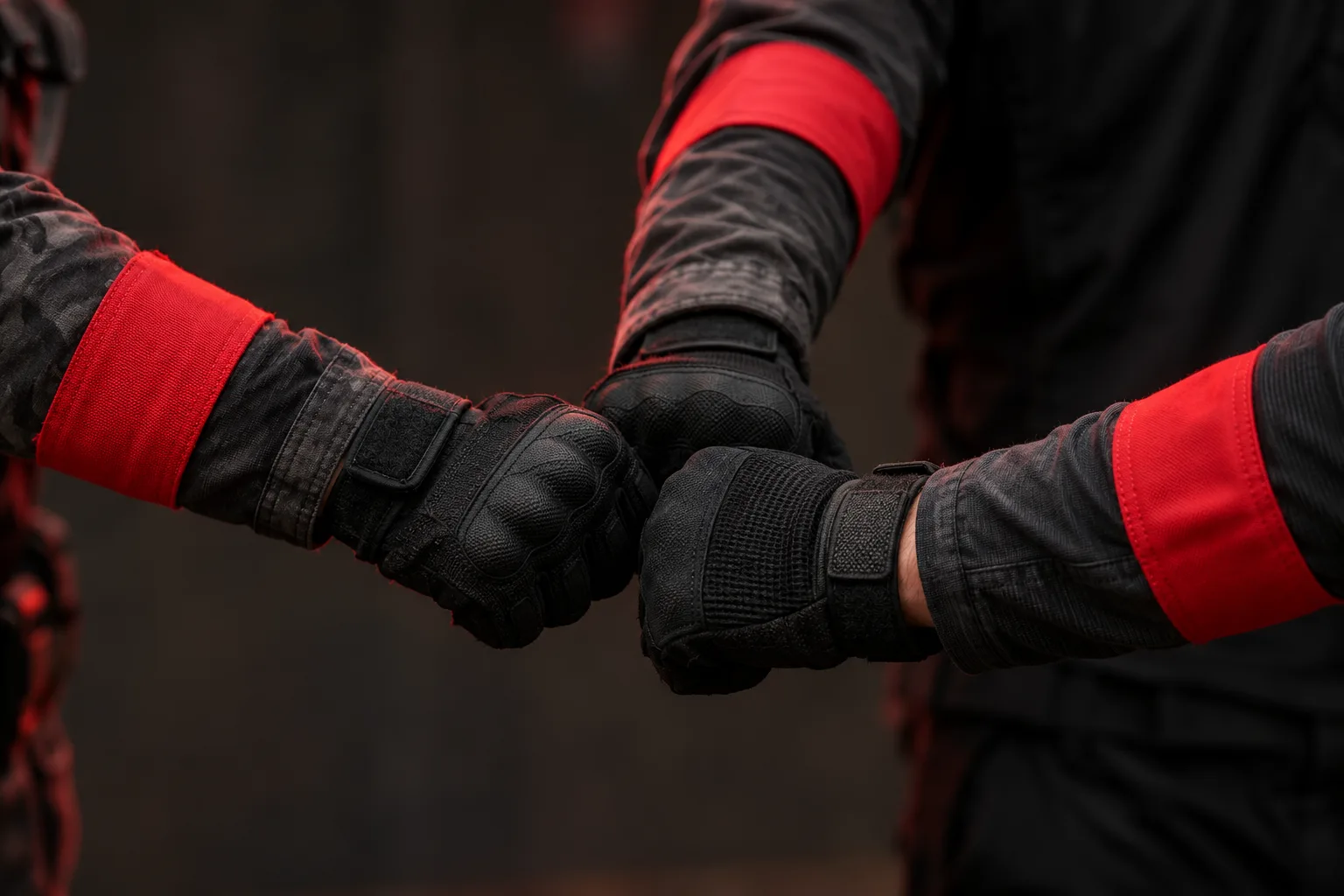 Three gloved teammates with red armbands sharing a fist bump